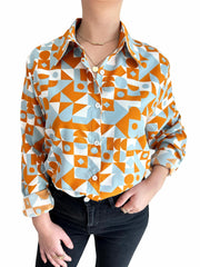 Geometric Print Plus Size Blouse Women's Long Sleeve Shirt