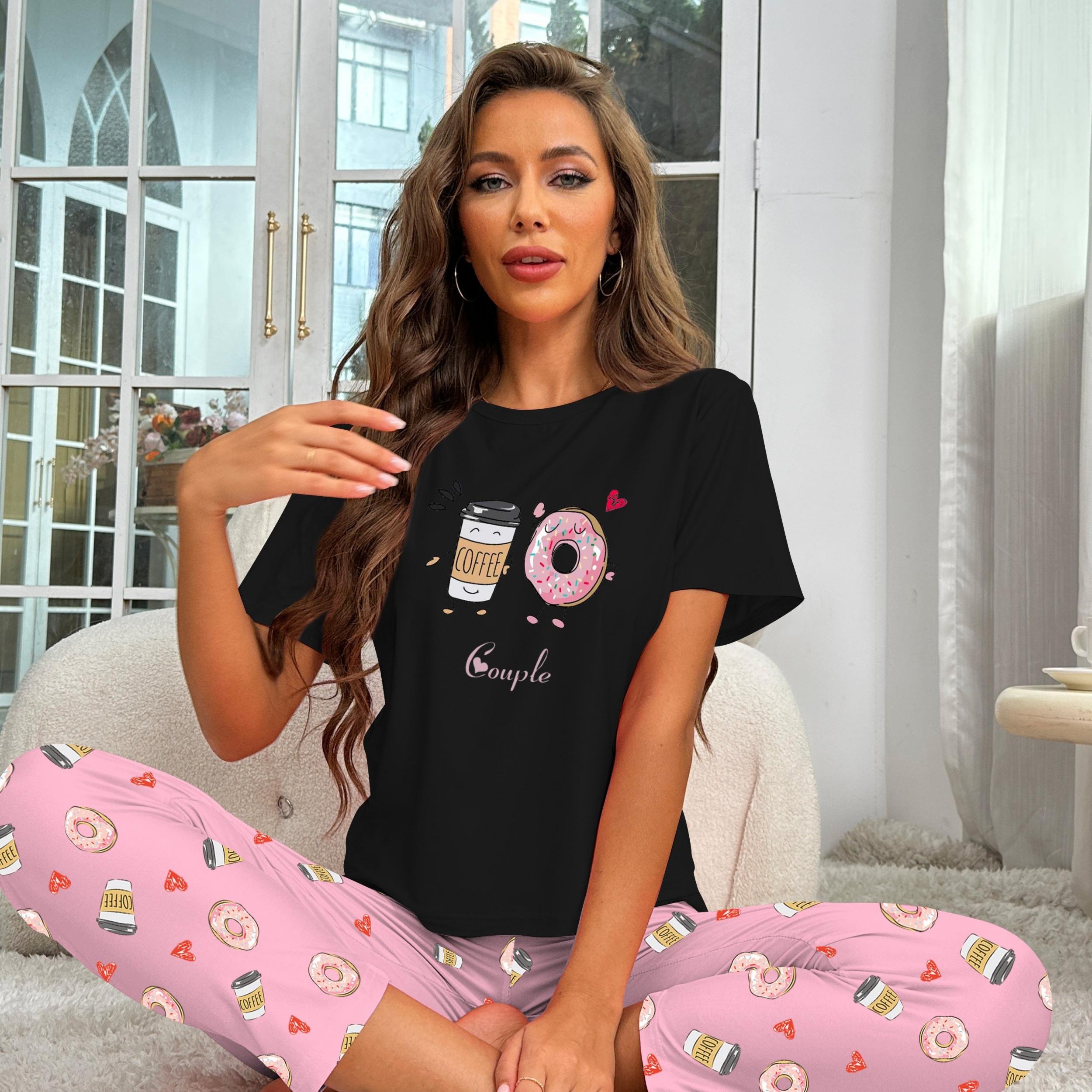 Donut Print Pajama Set Short Sleeve Crew Neck Top & Elastic Waistband Pants