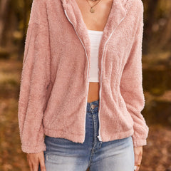 Solid Teddy Hooded Jacket Casual Zip Up Long Sleeve Outerwear