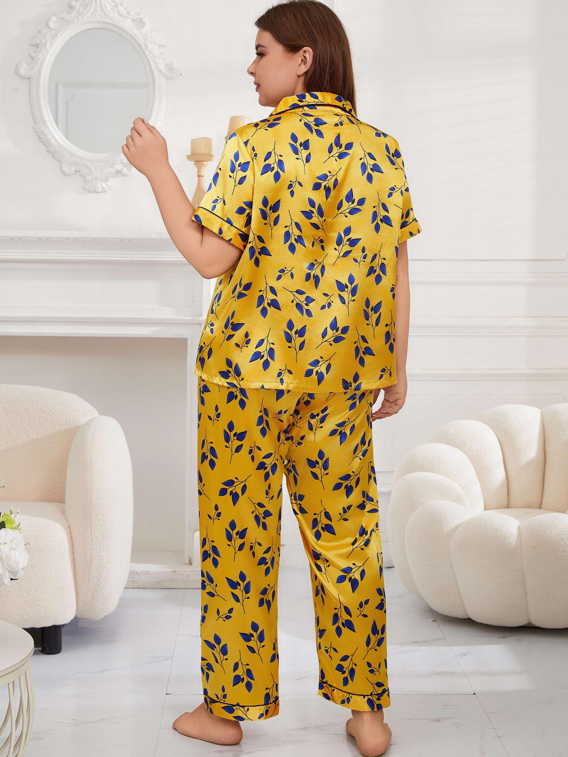 Women's Plus Leaf Print Silk Satin Pajama Set