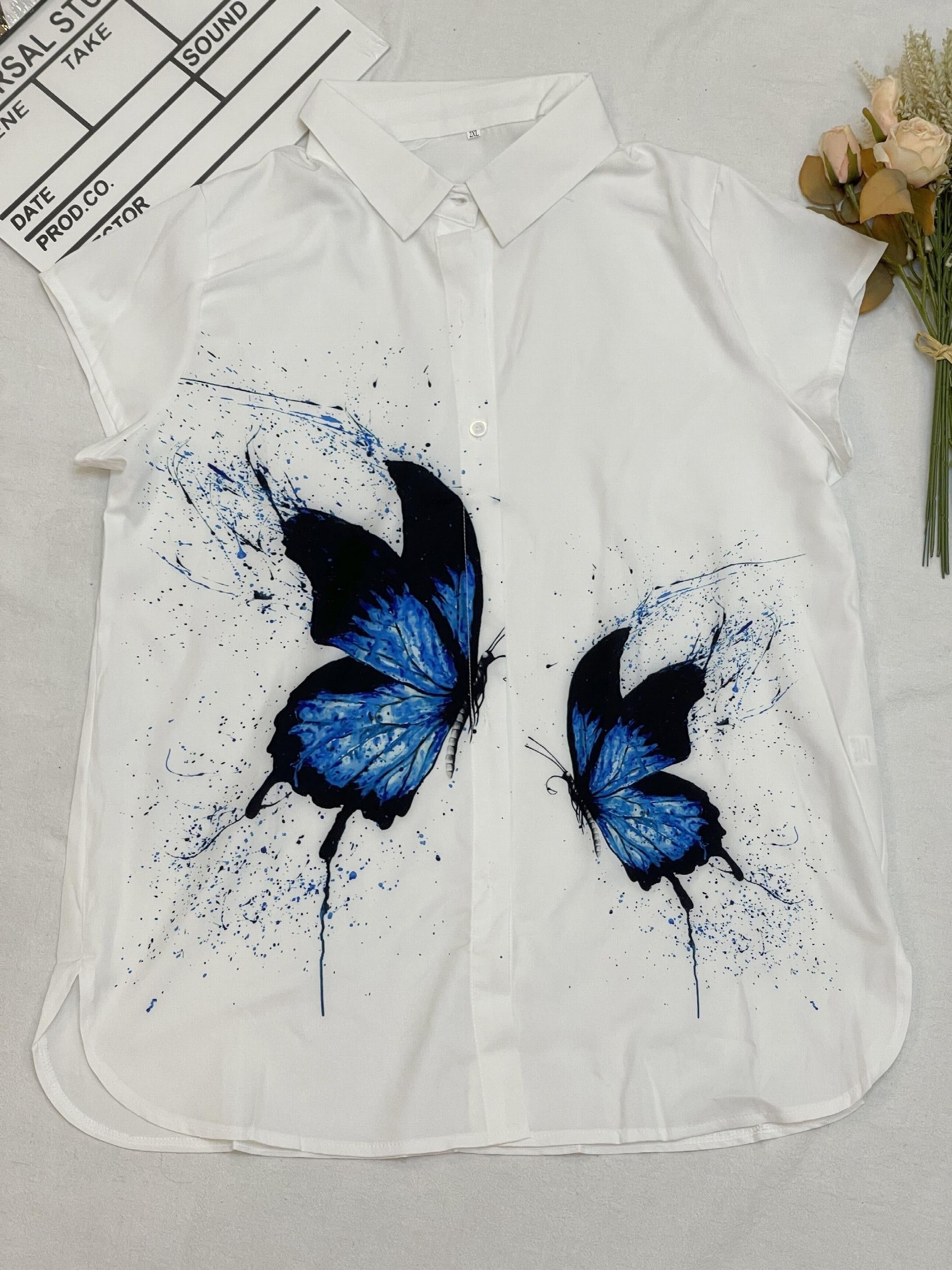 Butterfly Print Button Up Cap Sleeve Blouse