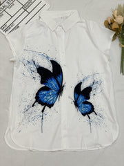 Butterfly Print Button Up Cap Sleeve Blouse