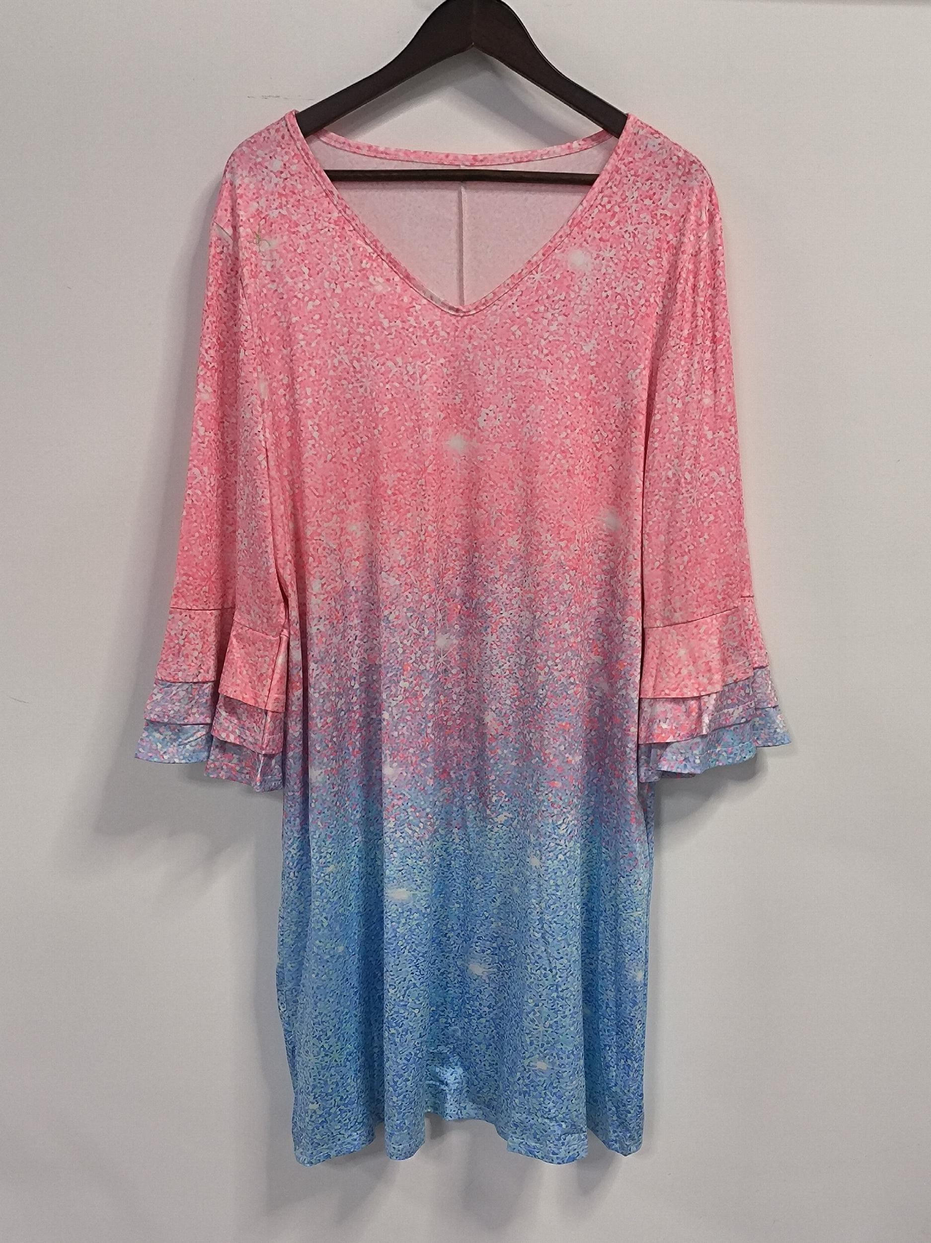 Women's Plus Ombre Print Layered Sleeve V Neck Mini Dress