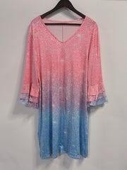Women's Plus Ombre Print Layered Sleeve V Neck Mini Dress