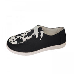 Women's Cow Pattern Patchwork Boat Shoes Lace Up Slip On Canvas Shoes