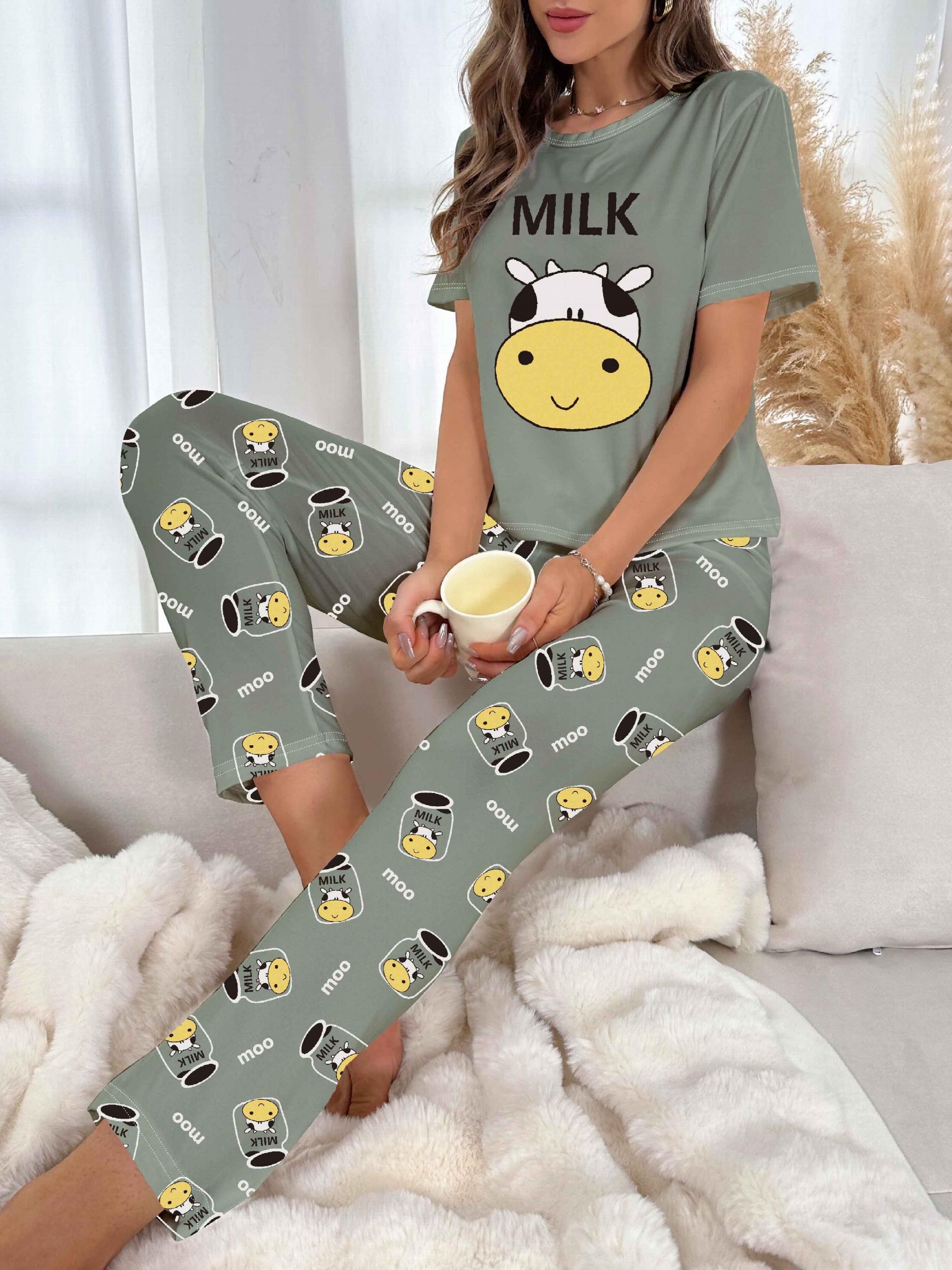 Cow Print Pajama Set Short Sleeve Crew Neck Top & Elastic Waistband Pants