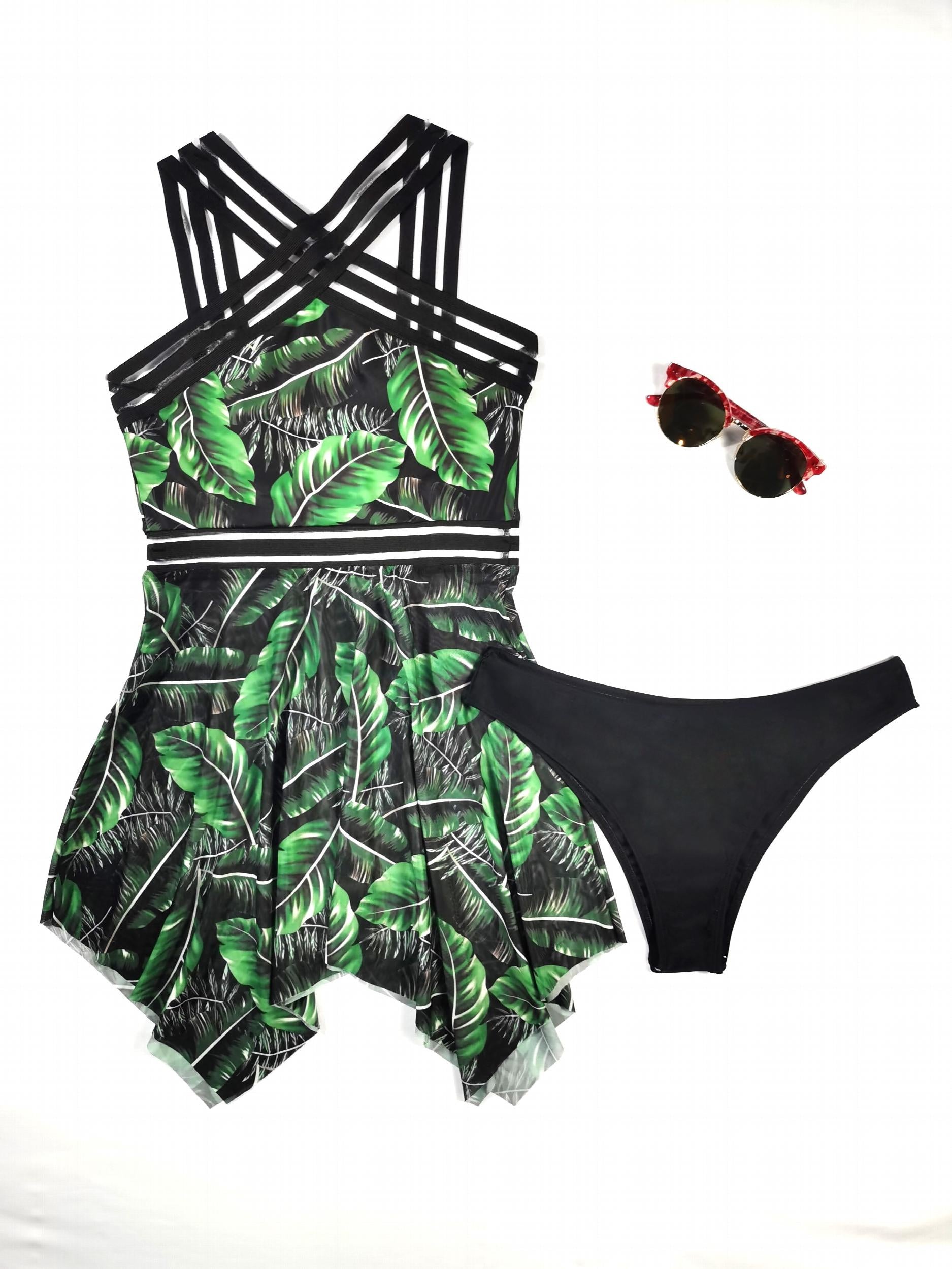 Leaf Print Mesh 2-Piece Swimsuit High Cut Beachwear Women's Swimwear