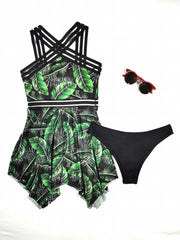 Leaf Print Mesh 2-Piece Swimsuit High Cut Beachwear Women's Swimwear