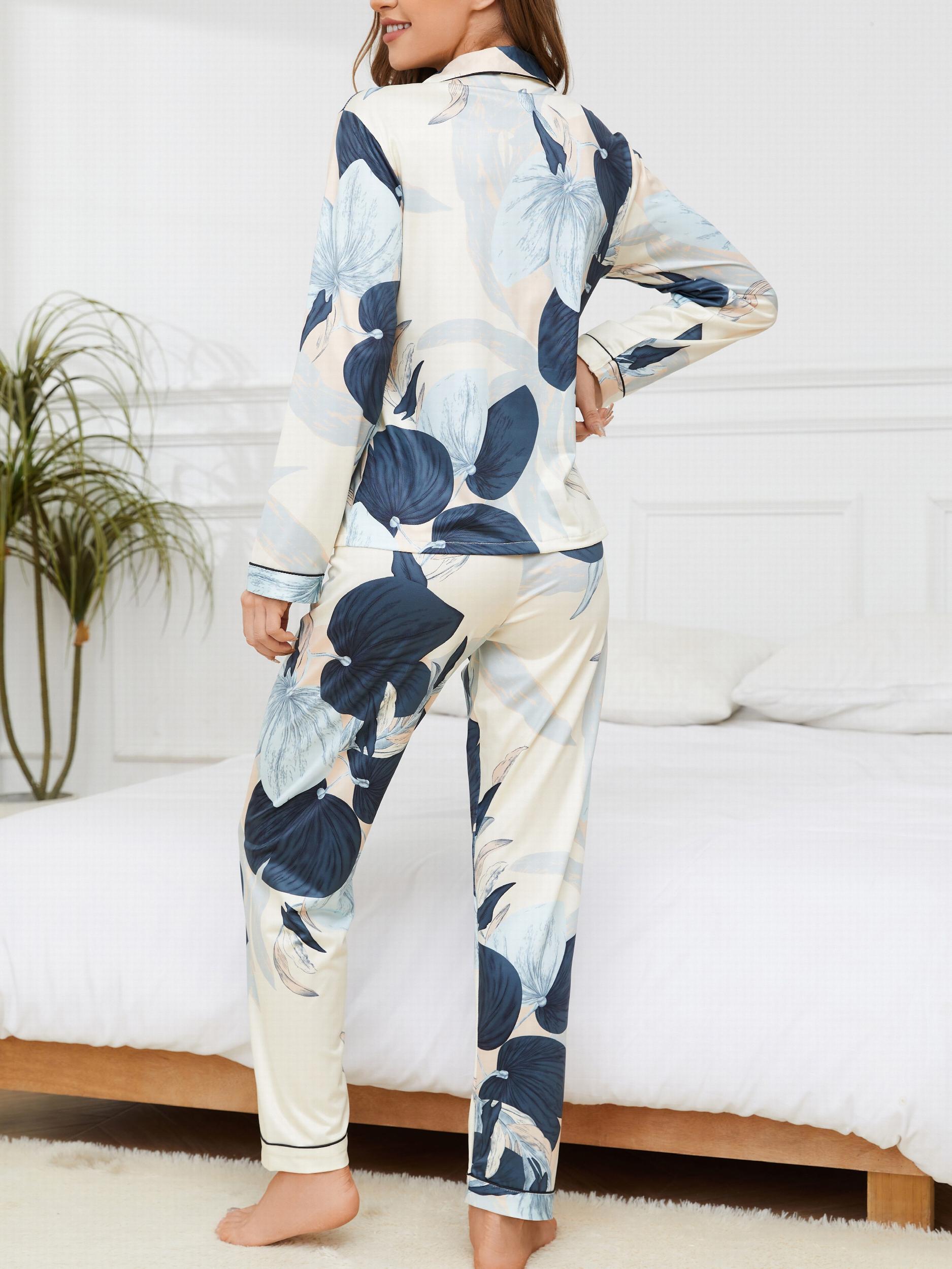 Floral Print Pajama Set Long Sleeve Top & Pants Women's Sleepwear