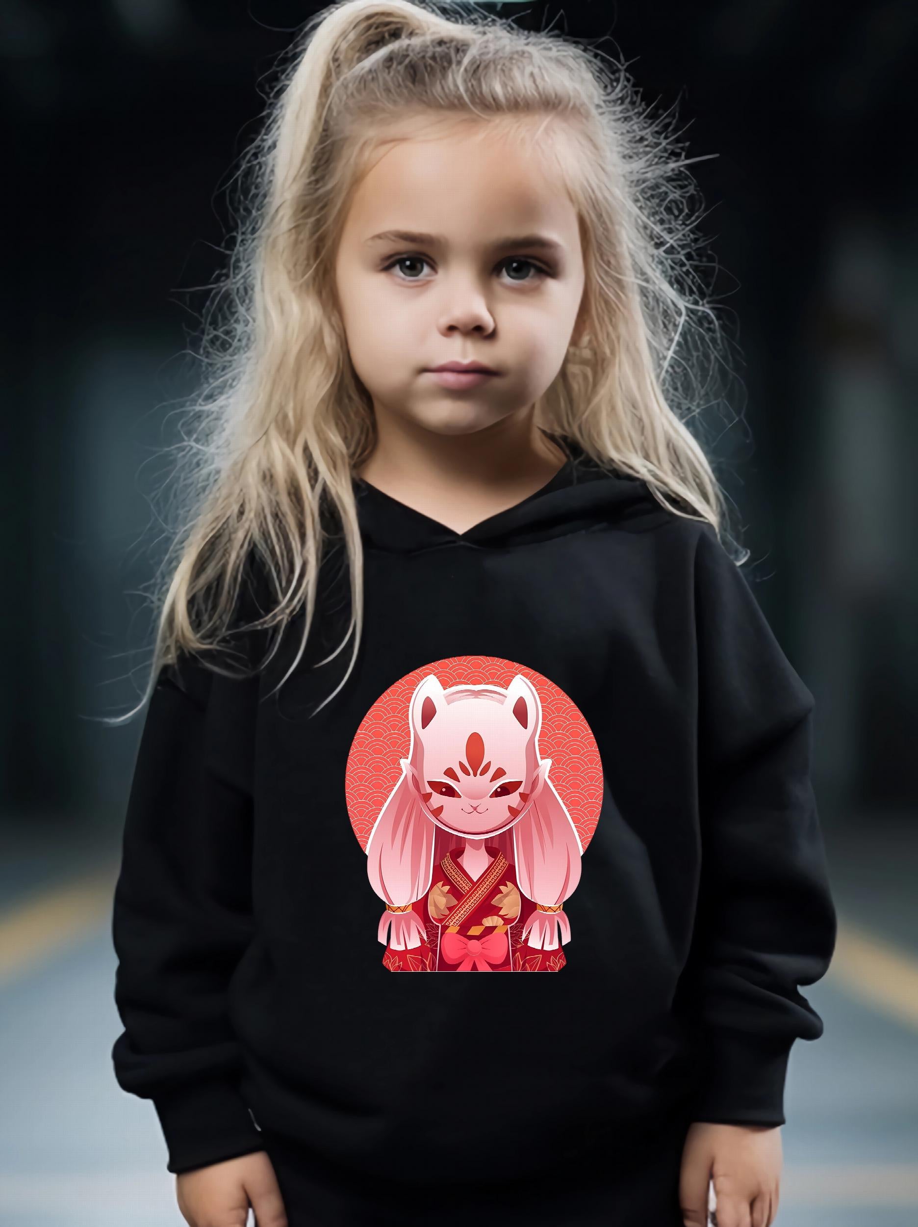 Girl's Cartoon Mask Hoodie & Pants Set Sporty Clothes