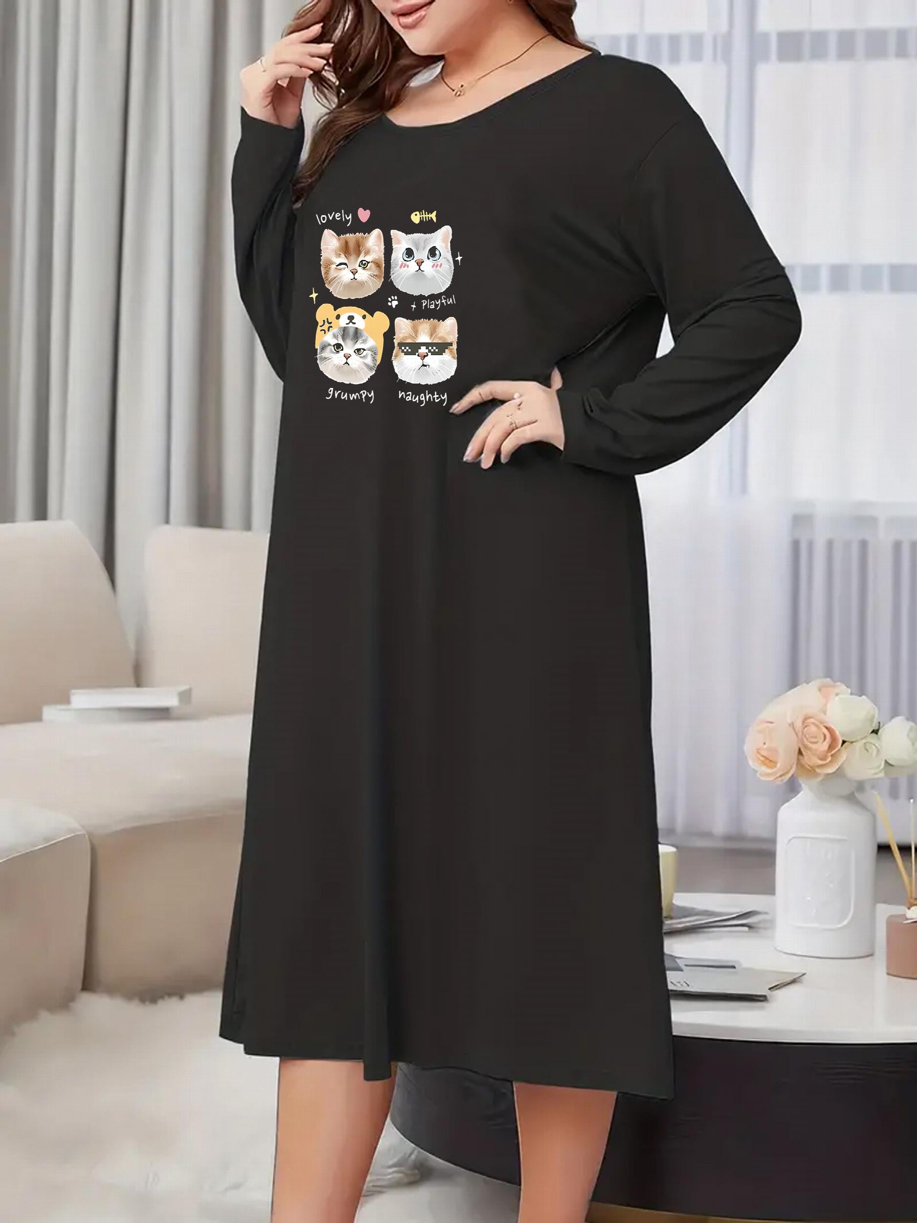 Nightdress Women's Plus Cats Print Long Sleeve Round Neck