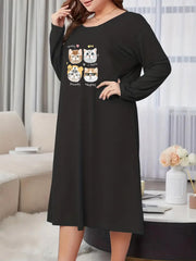 Nightdress Women's Plus Cats Print Long Sleeve Round Neck