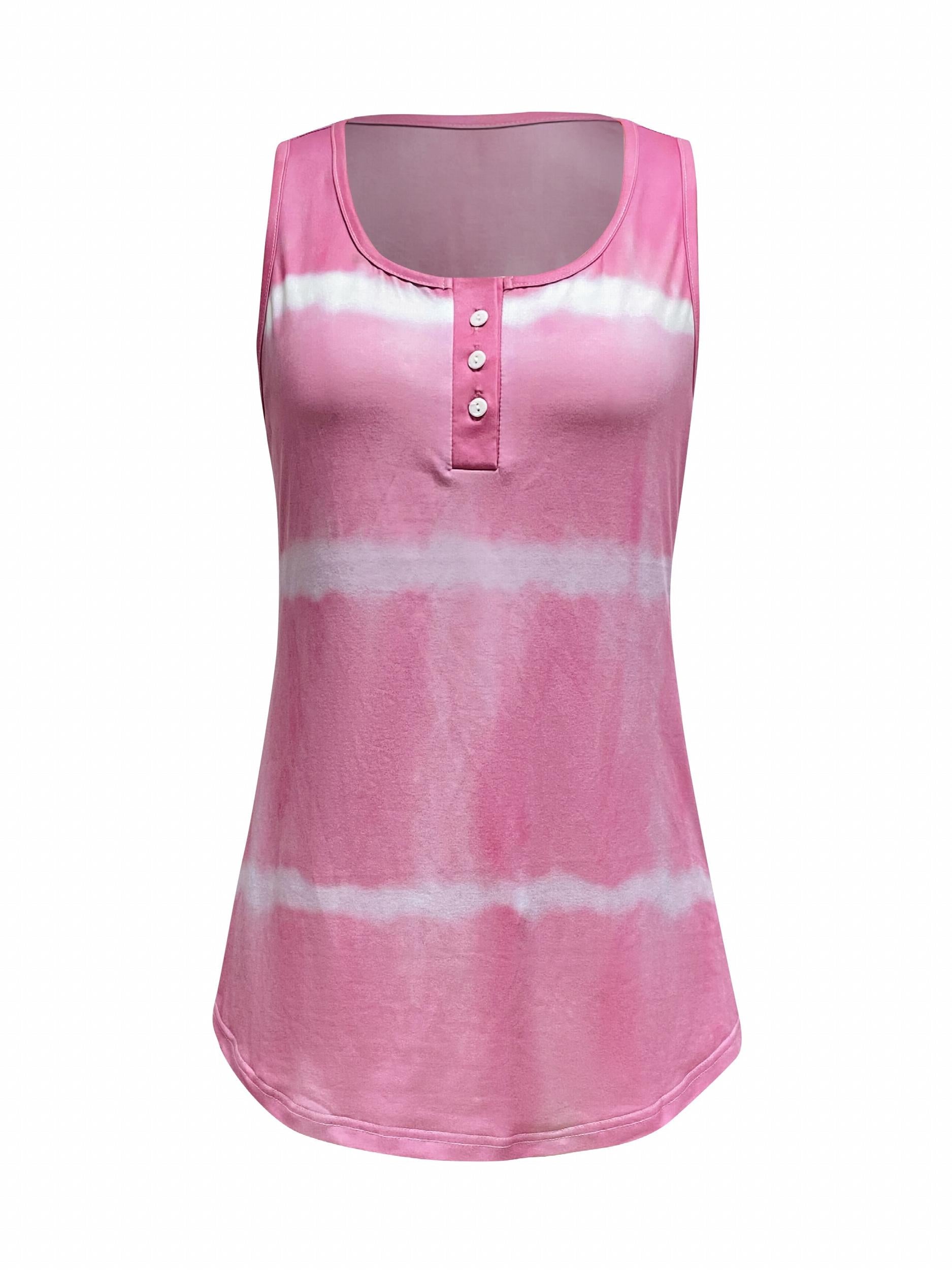 Tie Dye Striped Button Tank Top Sleeveless Crew Neck Tank Top