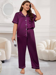 Contrast Binding Short Sleeve Satin Pajamas Set