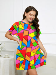Plus Colorblock Short Sleeve Round Neck Sleep Dress