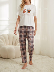 Heart Print Pajama Set Top & Plaid Pants Sleepwear Loungewear