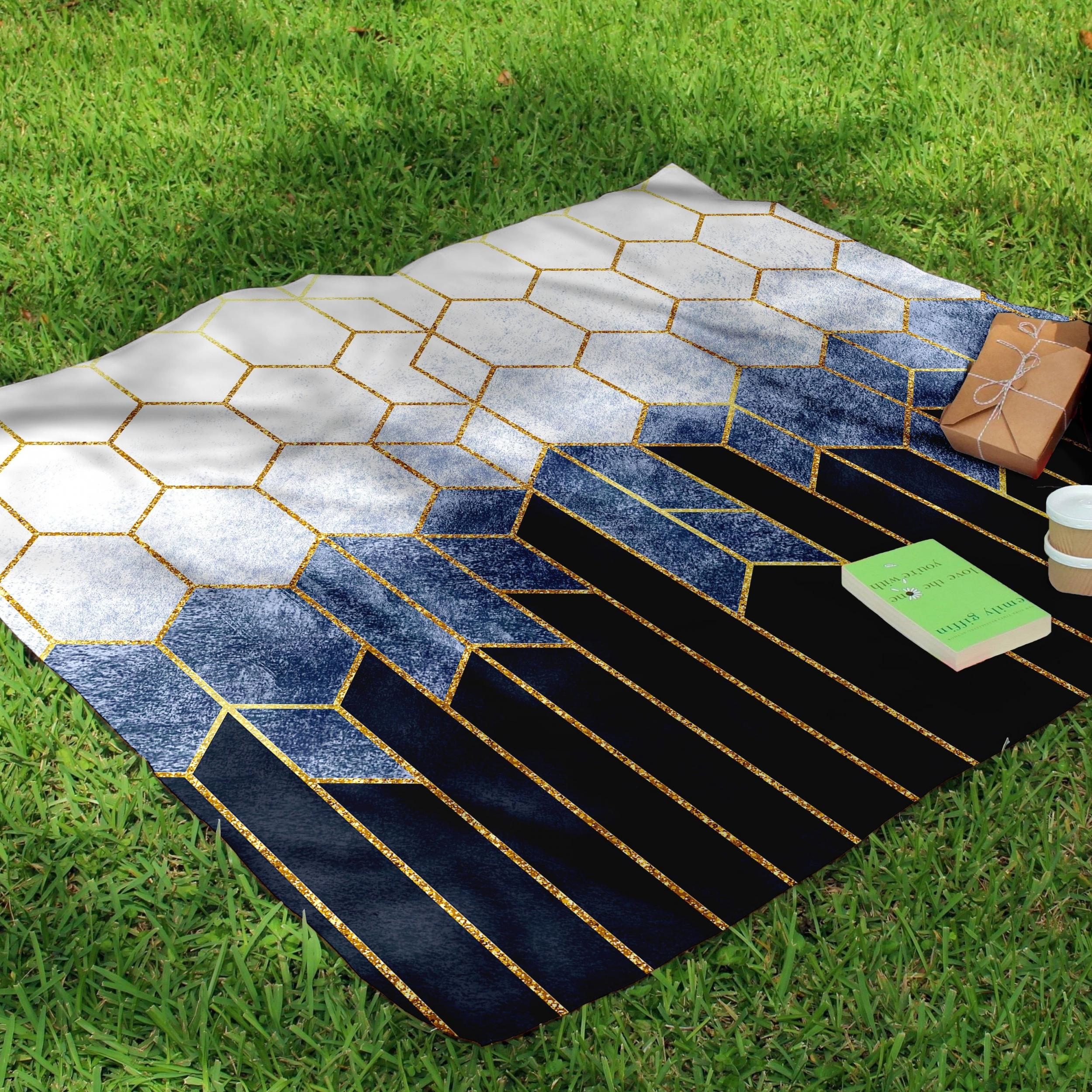 Golden Geometric Plaid Outdoor Picnic Mat Lightweight Waterproof