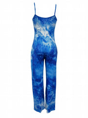 Tie Dye Spaghetti Strap Jumpsuit Sexy V Neck Sleeveless Wide Leg Jumpsuit