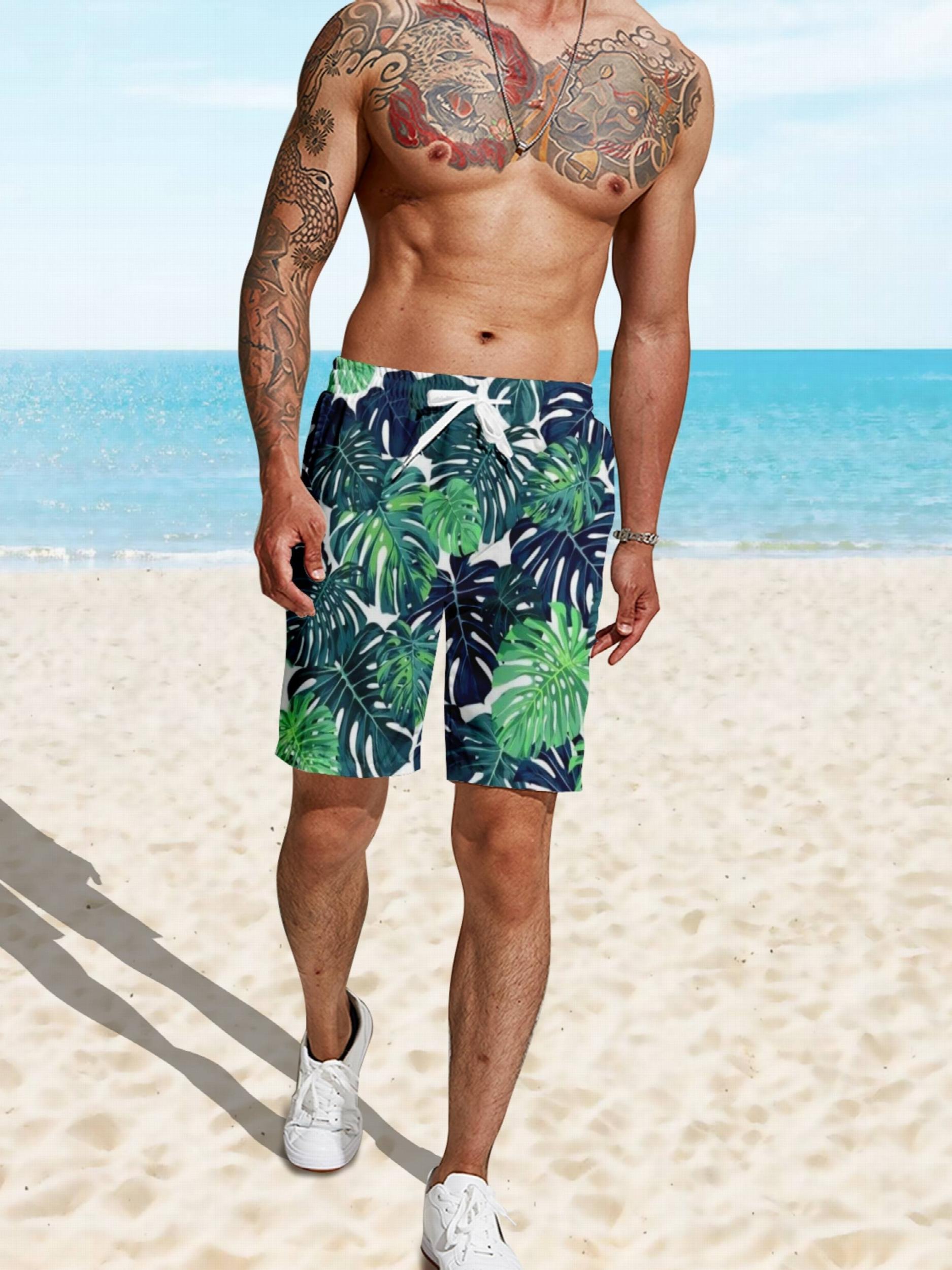 Tropical Leaf Print Swim Trunks Quick Dry Beach Shorts Men's Swimwear