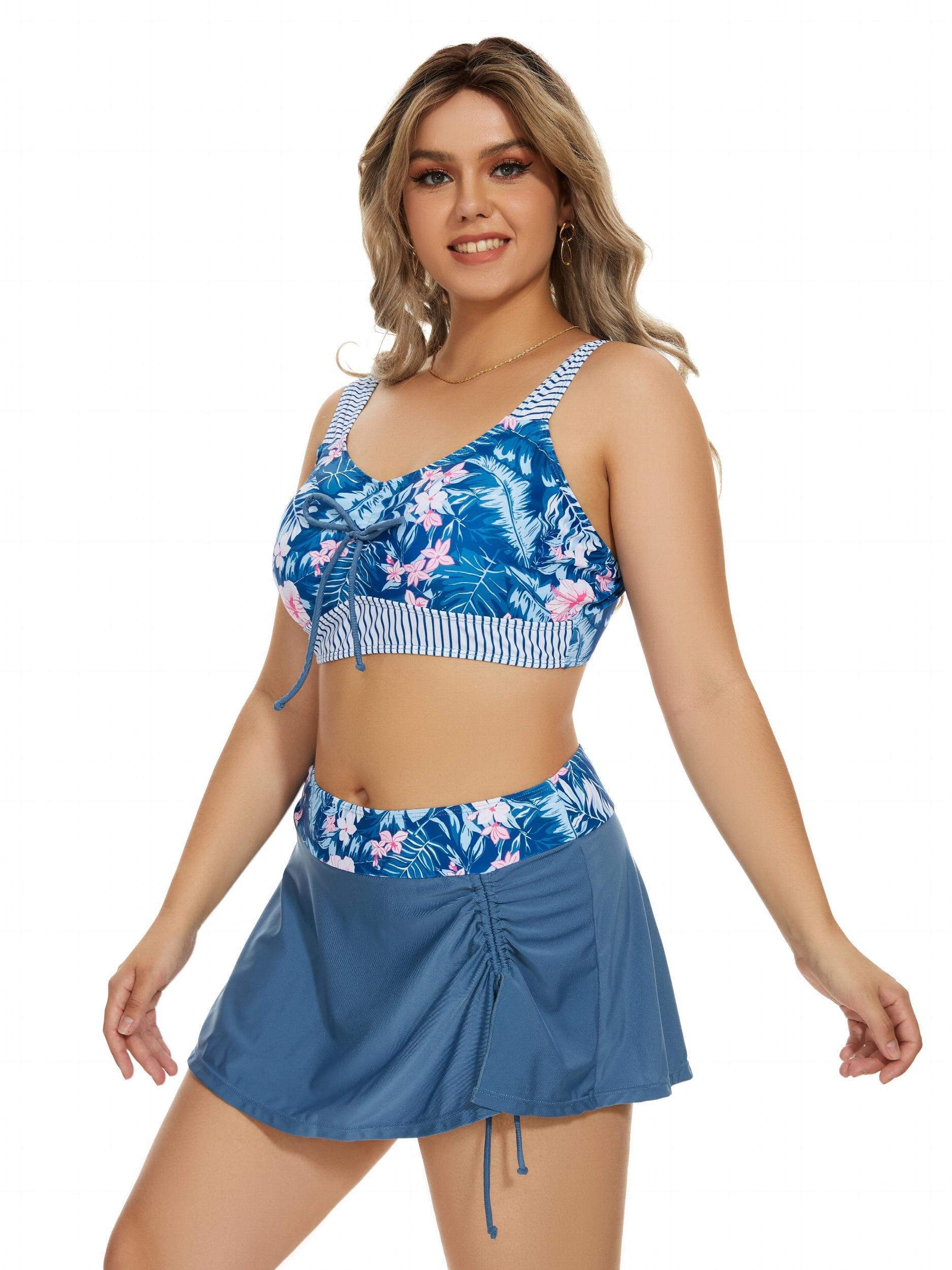 Boho Tankini Set Women's Plus Tie Front Tank Top & Lace Up Mini Skirt