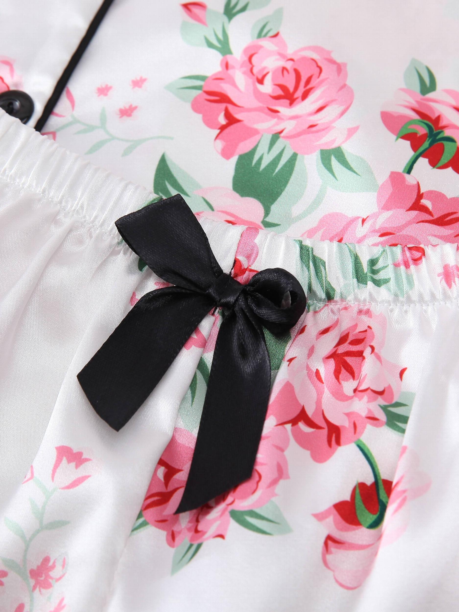 Floral Print Pajama Set Short Sleeve Top & Bow Shorts