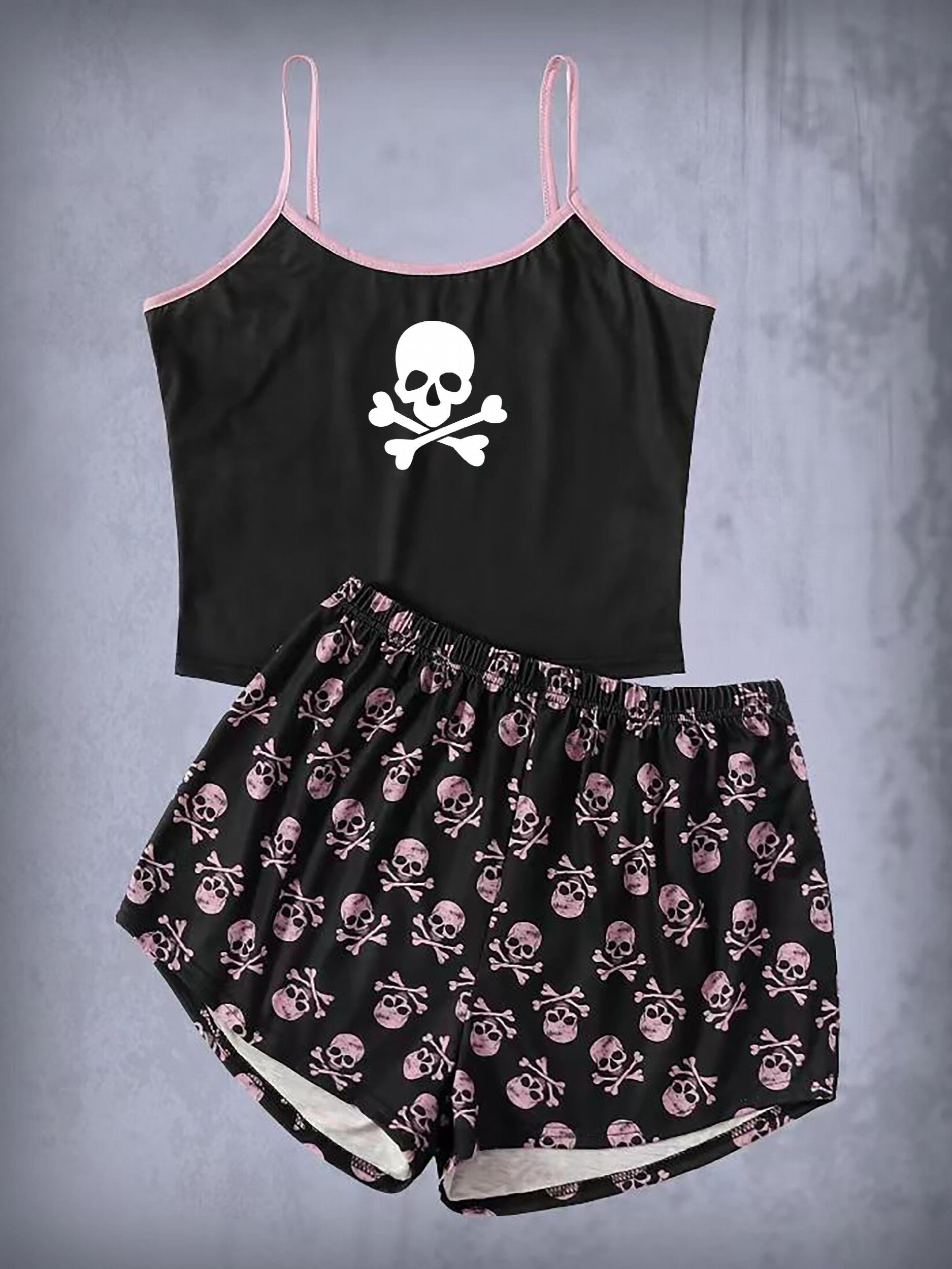 Skull Print Pajama Set Cami Top & Shorts Sleepwear Loungewear