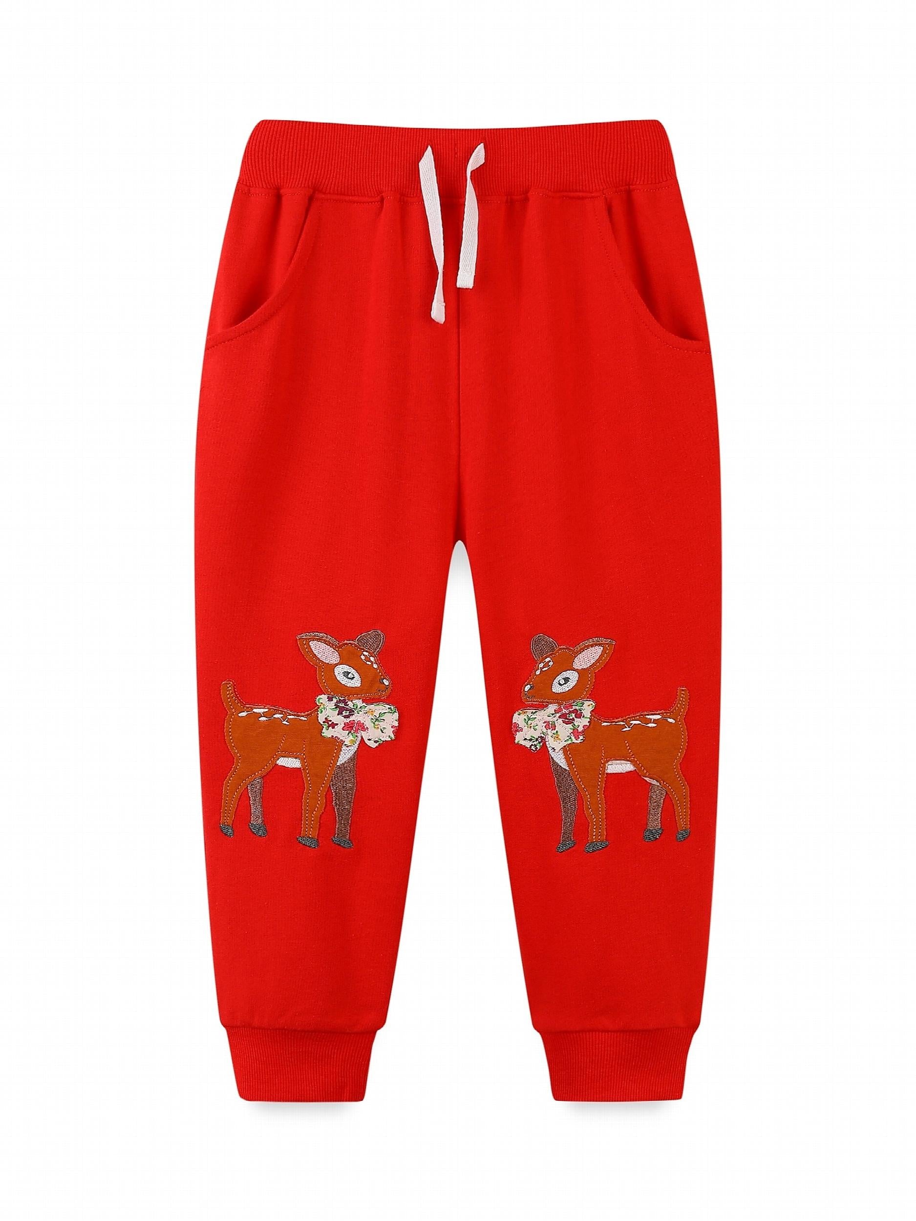 Girls' Animal Embroidered Joggers Pants Drawstring Pockets