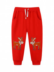 Girls' Animal Embroidered Joggers Pants Drawstring Pockets