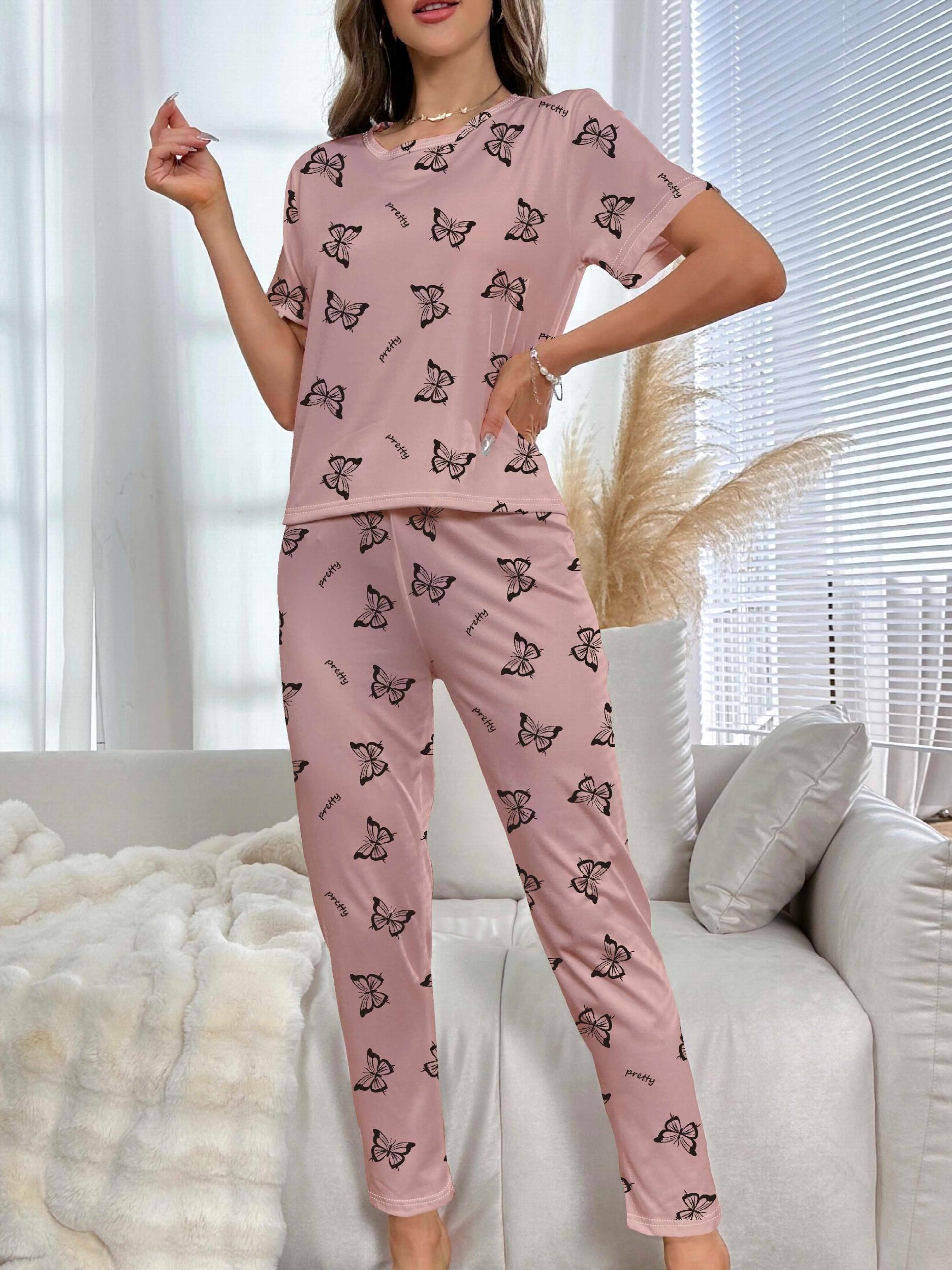 Butterfly Print Pajama Set Short Sleeve Crew Neck Top & Elastic Waistband Pants