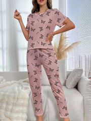 Butterfly Print Pajama Set Short Sleeve Crew Neck Top & Elastic Waistband Pants