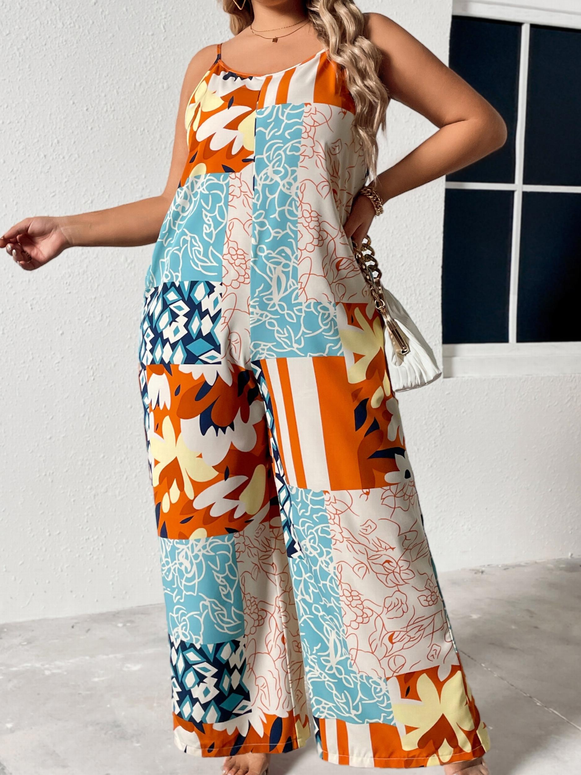 Boho Jumpsuit Women's Plus Colorblock Floral Print