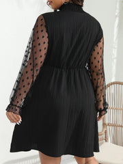 Ribbed Mesh Flounce Sleeve Tie Front Knee Length Dress