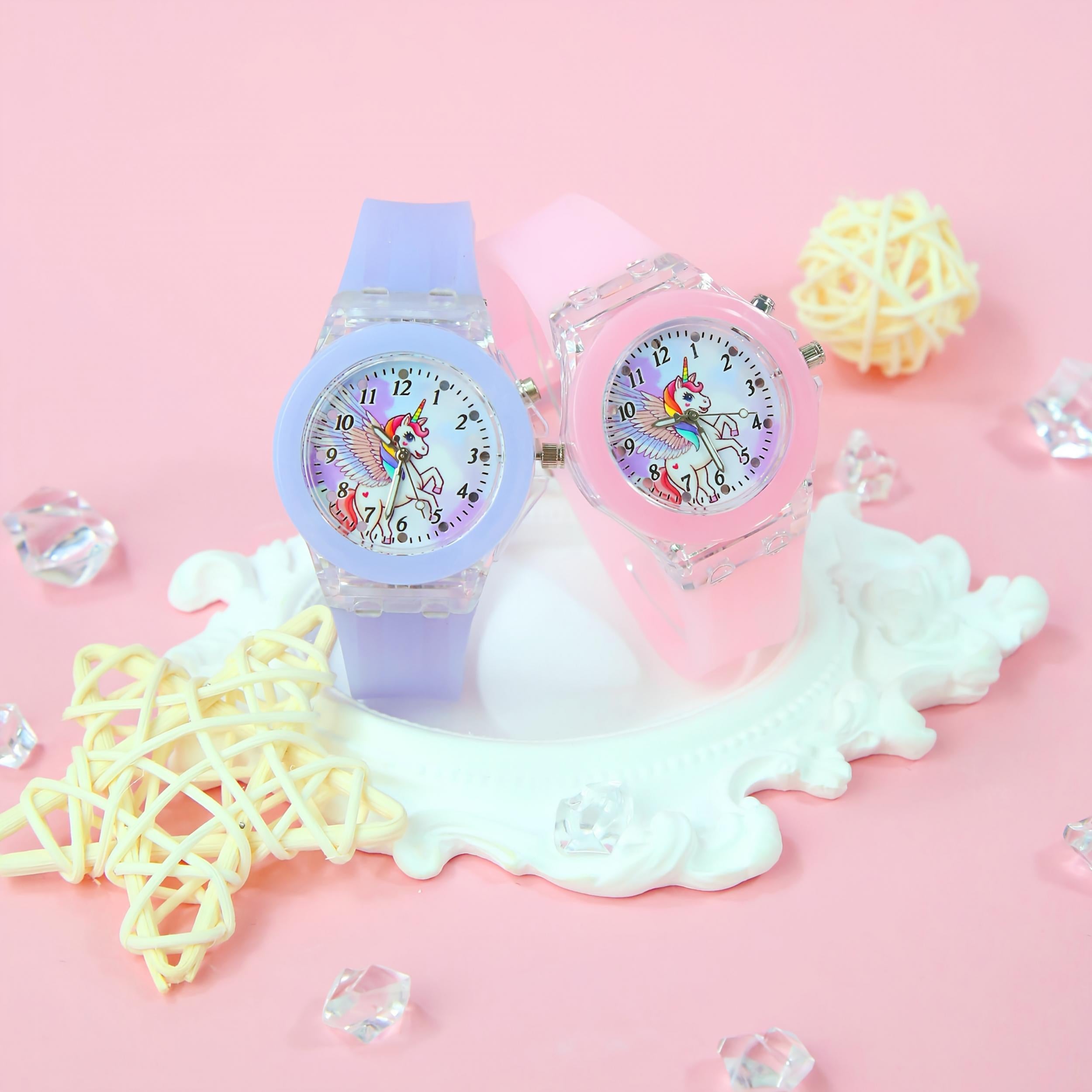 2pcs Unicorn Dual Quartz Watch Set for Girls LED Glow Soft Silicone Twin Sister