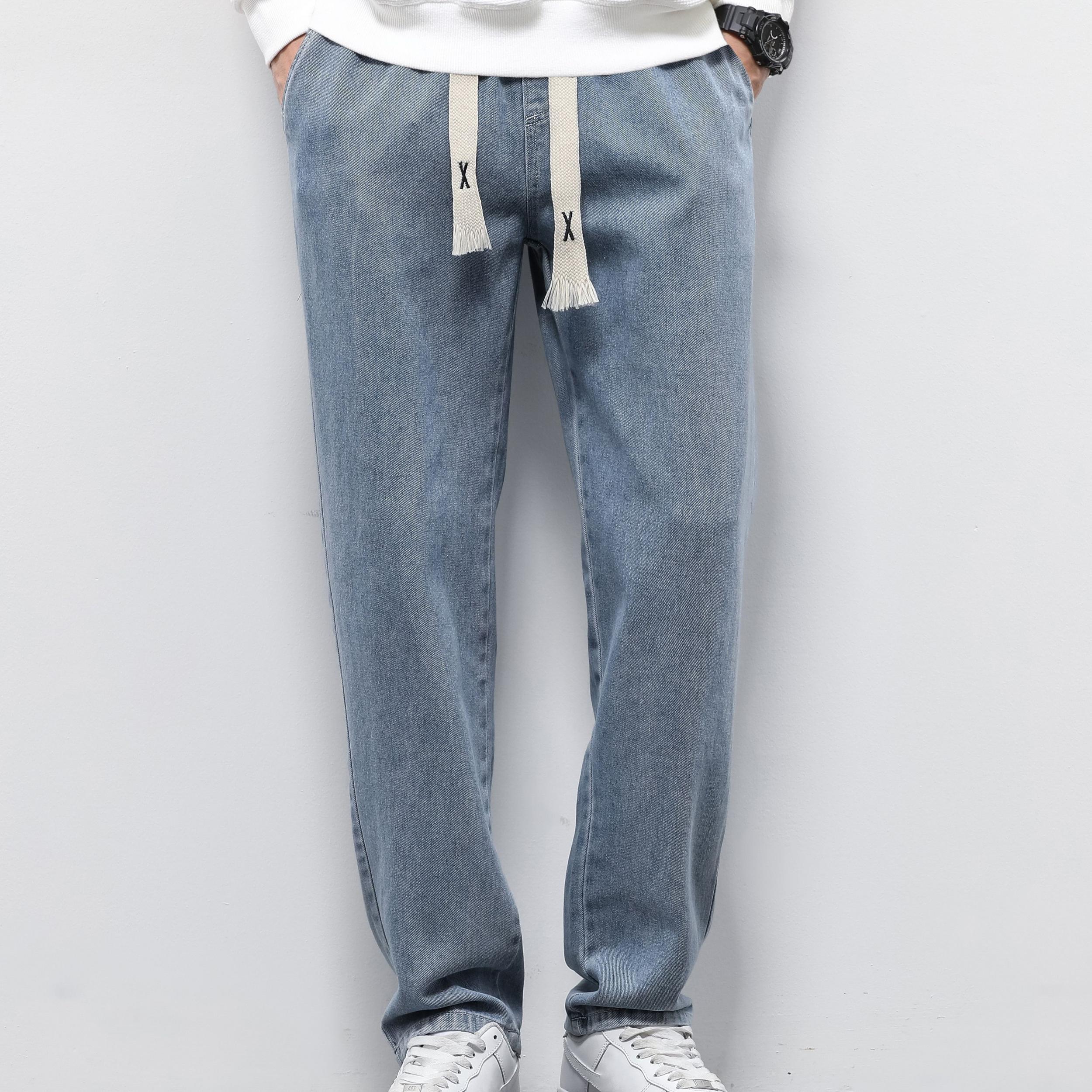 Men's Denim Cropped Pants Elastic Waist Straight Leg Harem
