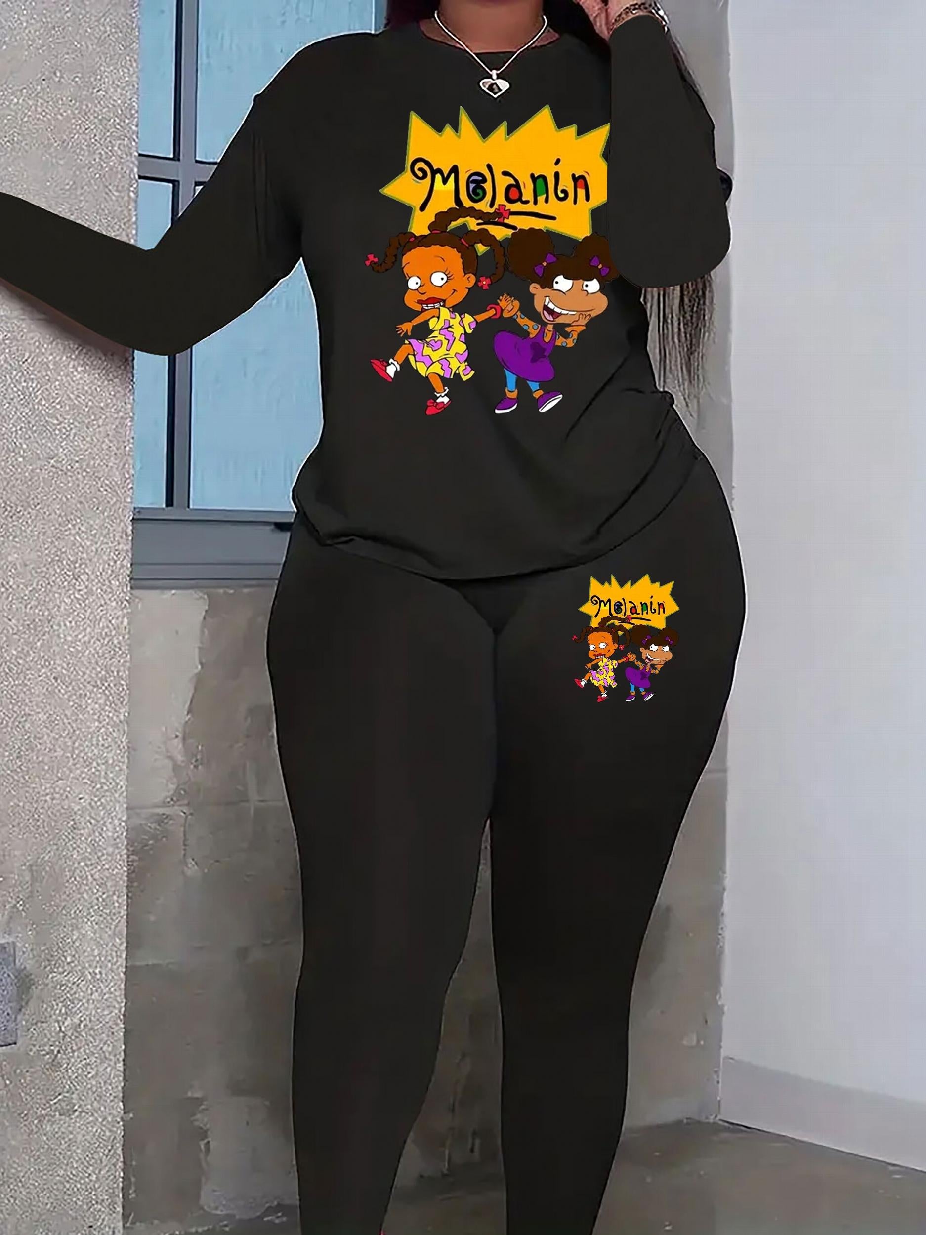 Cartoon Figure & Letter Print Long Sleeve Top & Leggings Set