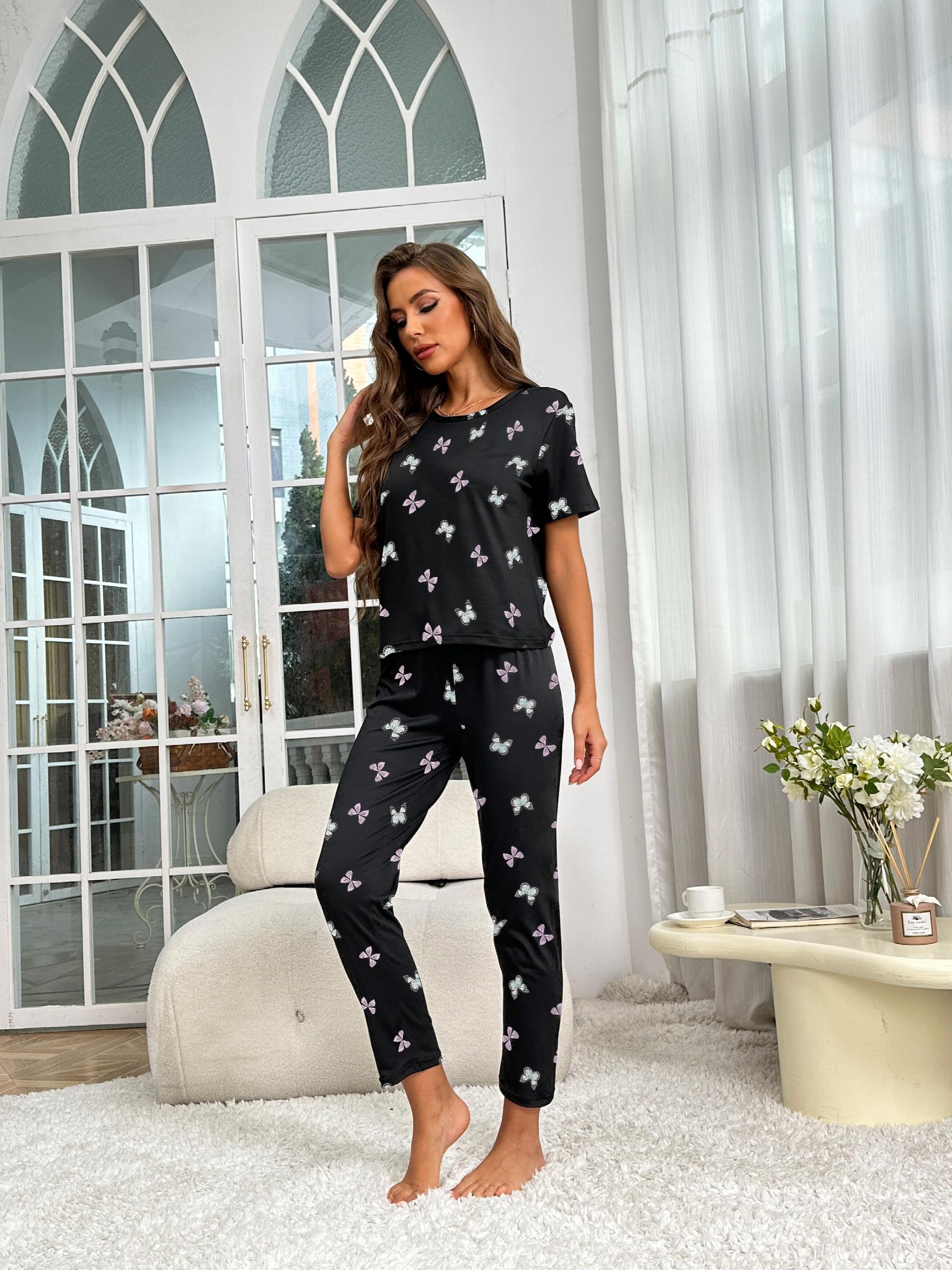 Butterfly Print Pajama Set Short Sleeve Tee & Pants Women's Sleepwear