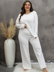 Solid Textured Pajama Set Long Sleeve Top & Pants Two Piece Lounge Set