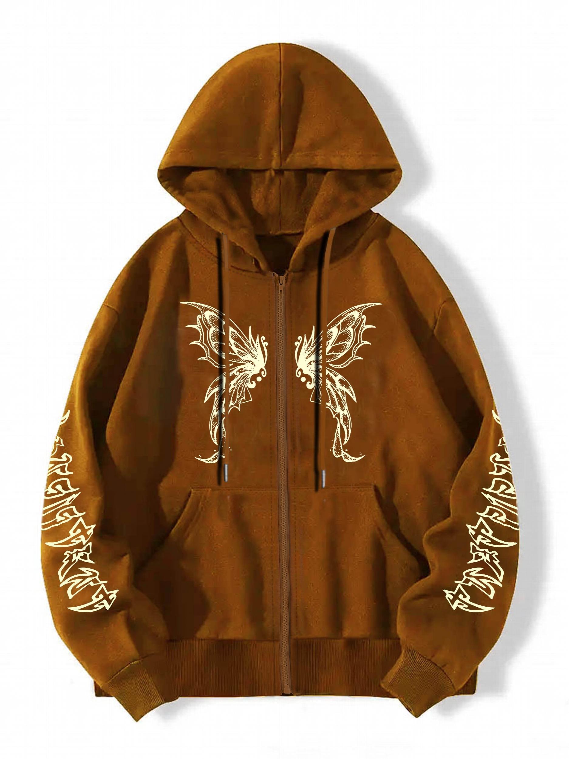 Butterfly Graphic Hooded Sports Sweatshirt Zipper Up Long Sleeve Hoodie