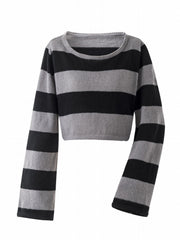Grunge Block Striped Knit Sweater Crew Neck Long Sleeve Women's