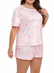 Plus Size Heart Print Pajama Set Short Sleeve Round Neck Top & Shorts