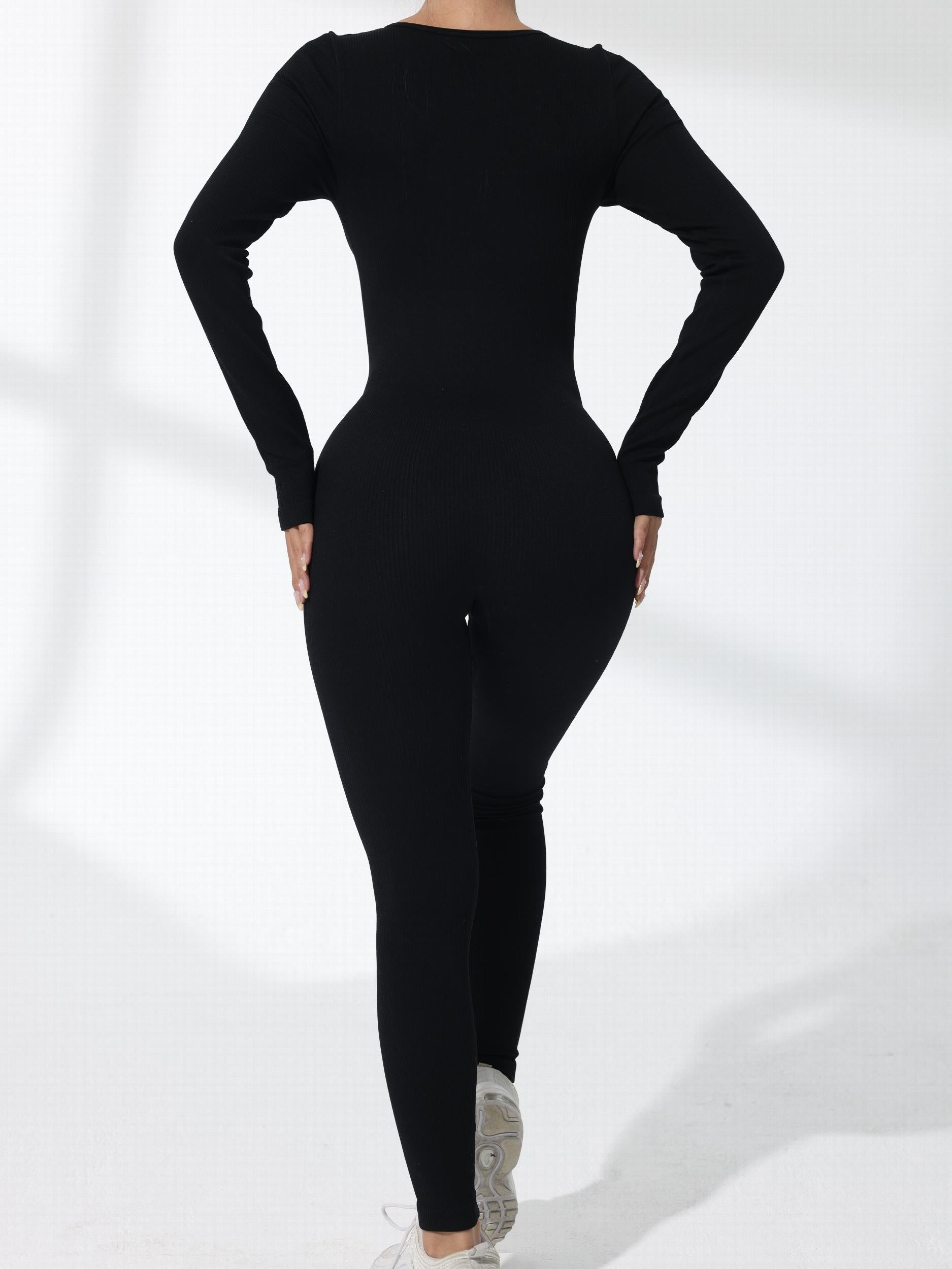 Women Yoga Bodysuit Round Neck Long Sleeve Sport Jumpsuit