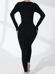 Women Yoga Bodysuit Round Neck Long Sleeve Sport Jumpsuit