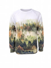 Forest Print Pullover Sweatshirt Long Sleeve Crew Neck Women's Clothing