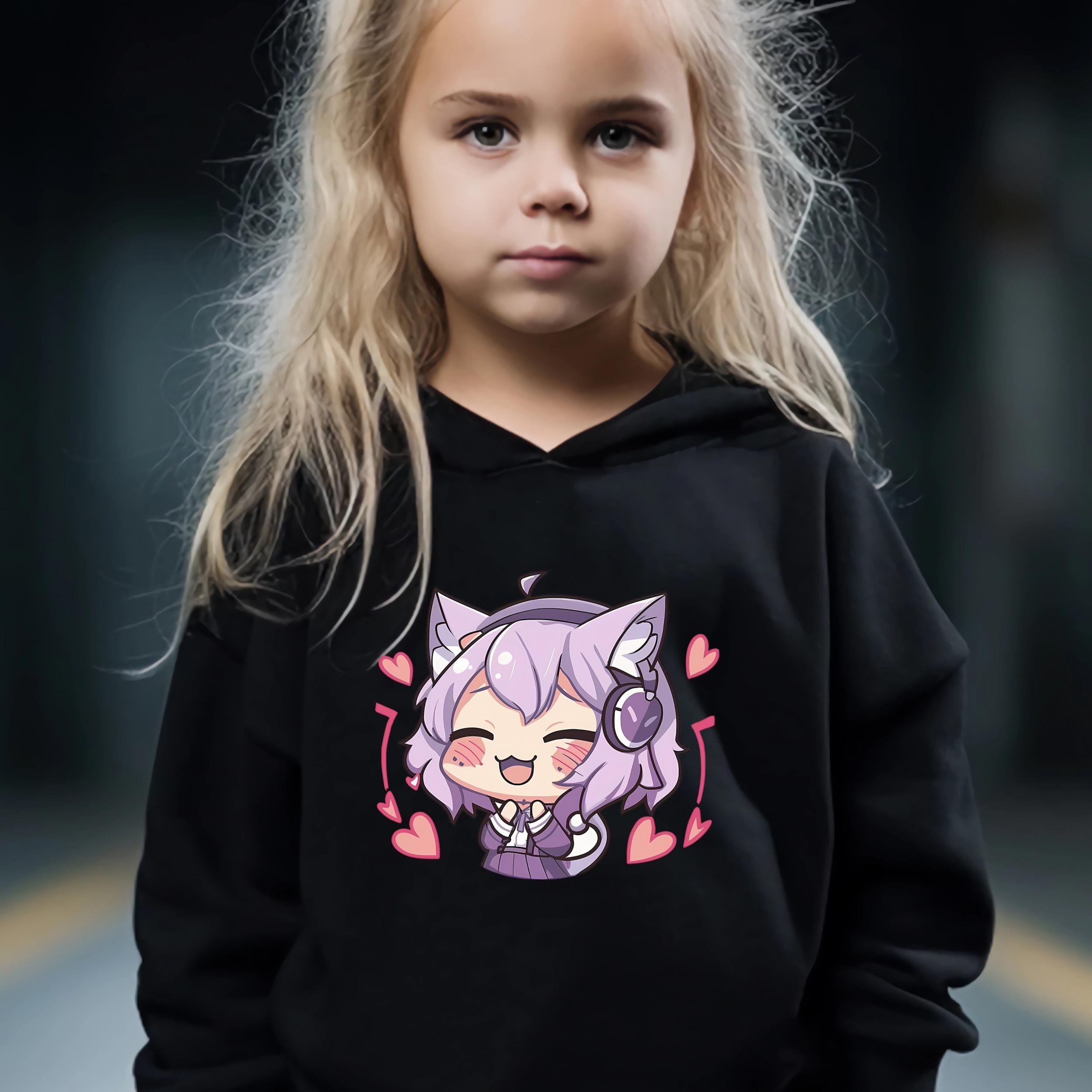 Anime Pattern Long Sleeve Hooded Sweatshirt Girls Comfy Hoodies Pullover