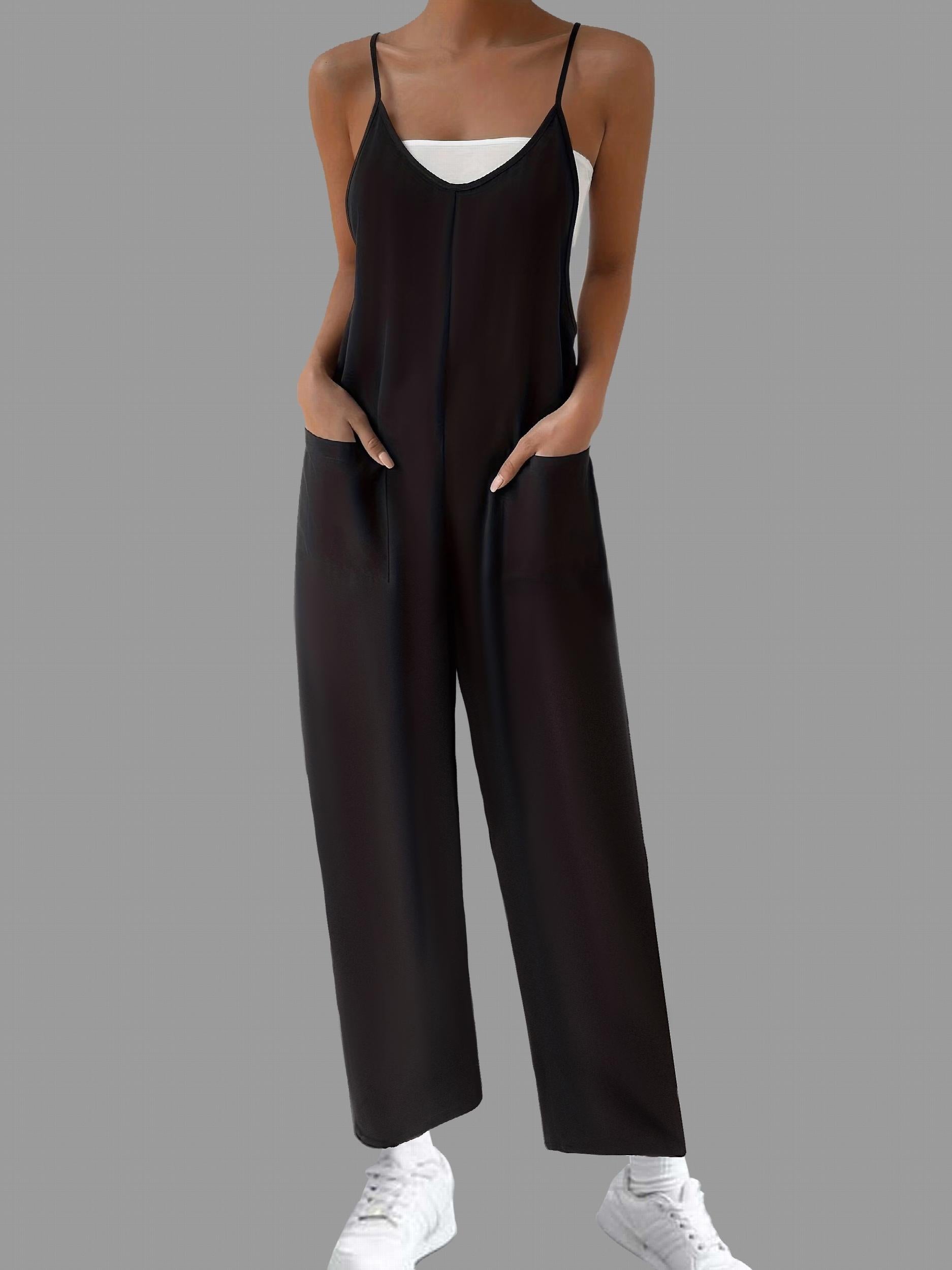 Solid Suspender Jumpsuit Casual V Neck Wide Leg Jumpsuit With Pockets