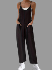 Solid Suspender Jumpsuit Casual V Neck Wide Leg Jumpsuit With Pockets