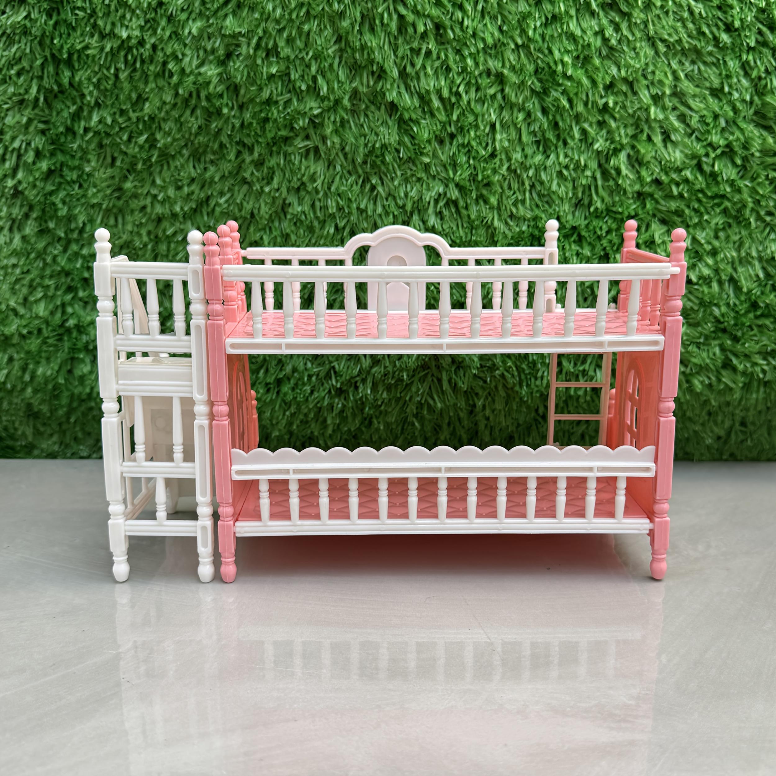 Pink Double Bed with Stairs for Princess Room Dollhouse