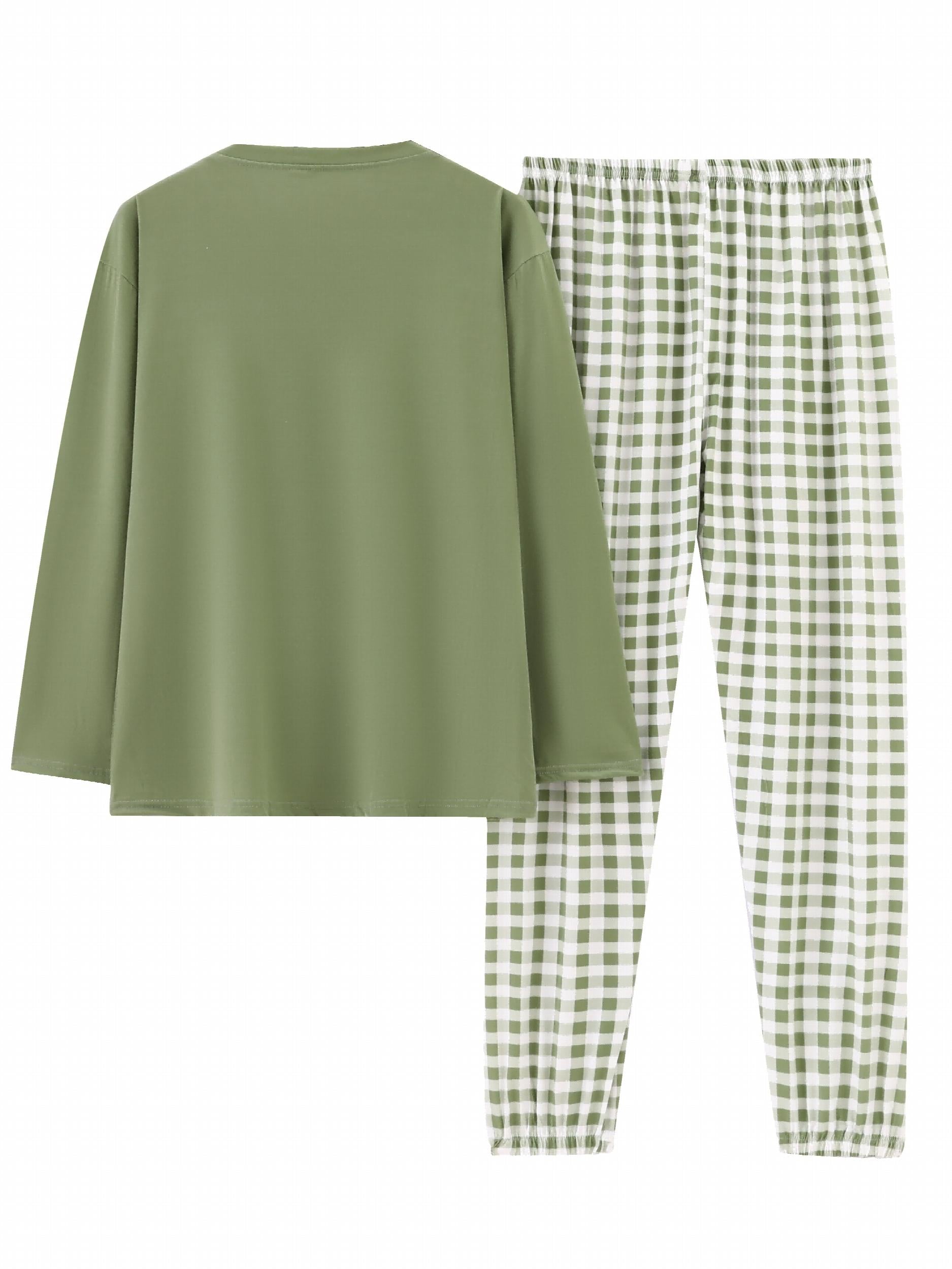 Casual Pajamas Set Long Sleeve Tee & Plaid Pants Loungewear 2pcs
