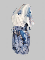 Geometric Print V Neck Drawstring Romper Jumpsuit Casual Batwing Sleeve Jumpsuit