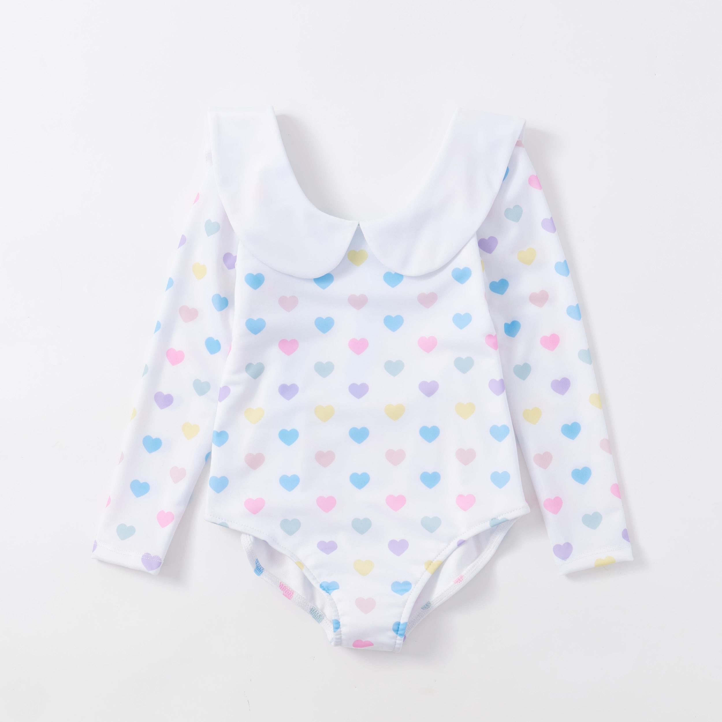 Girl's Heart Print Swimsuit Doll Collar Long Sleeve Bathing Suit
